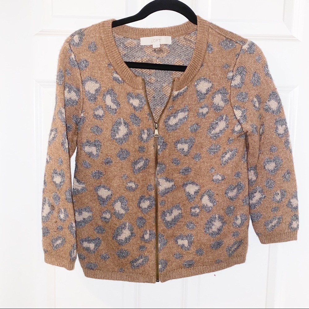 Loft animal print wool blend zip up sweater small